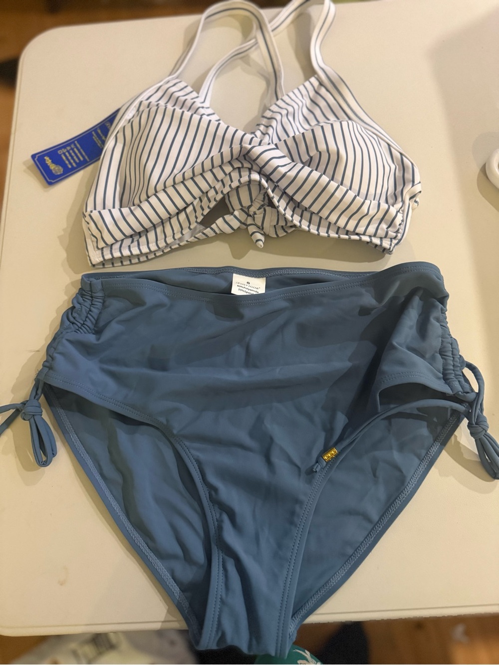 Striped White & Blue Bikini Top with Slate Blue High-Waist Bottoms